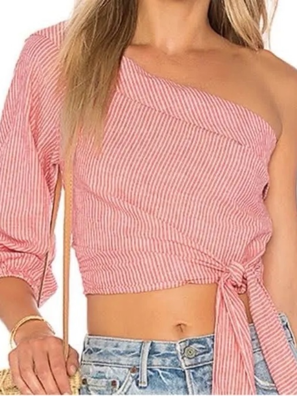 Free People Coral and White One-Shoulder Tie-Waist Crop Top